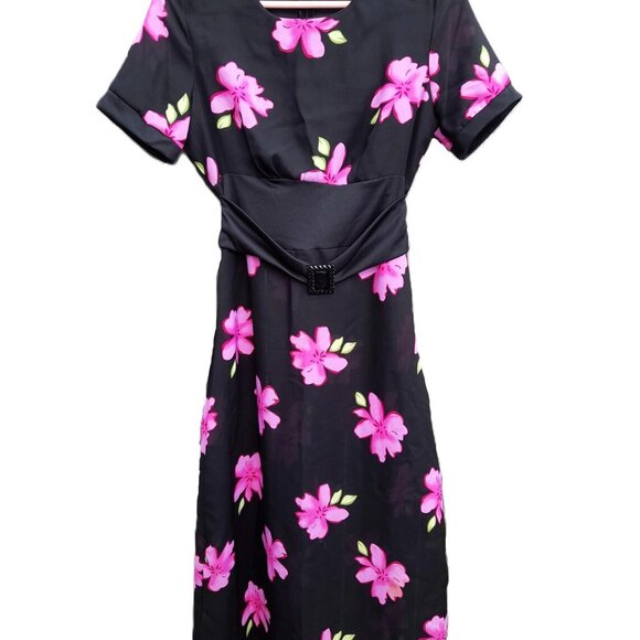 Handmade Dress Black Pink Floral Sheer 36"B 28"W Stretchy Mennonite - Picture 2 of 11